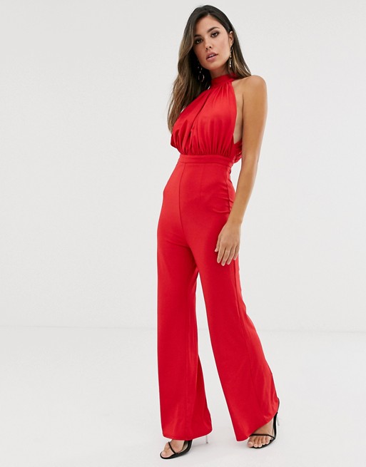 Girl In Mind high neck ruched wide leg jumpsuit