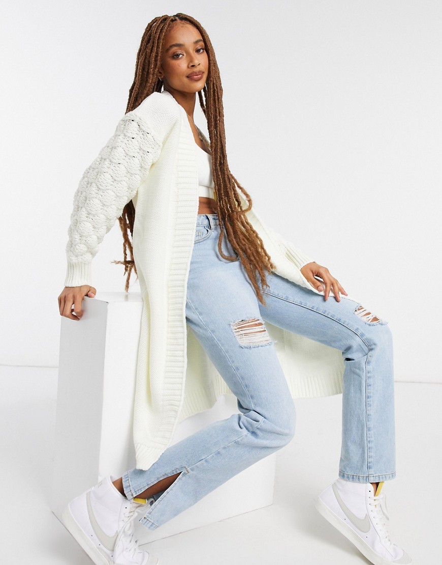 Girl In Mind knitted sleeve detail maxi cardigan in cream-White