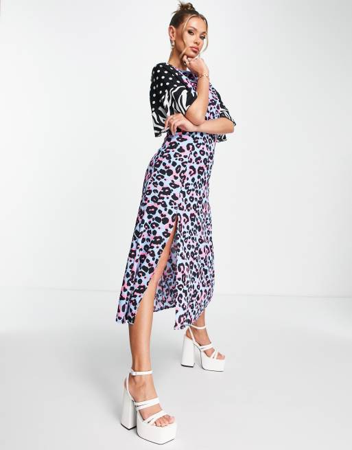 Girl In Mind - Midi-jurk met split in de mouw in blauwe luipaardprint