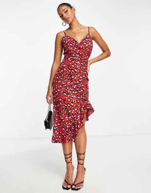 Girl In Mind – Midikleid in Rot mit Wickeldetail und Leopardenmuster