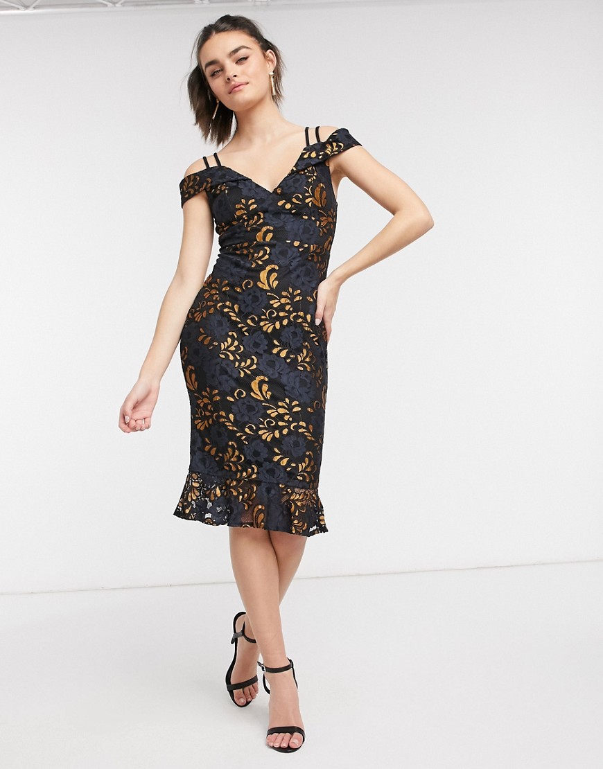 Girl In Mind off the shoulder fishtail midi dress in navy & gold