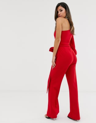 one sleeve red jumpsuit