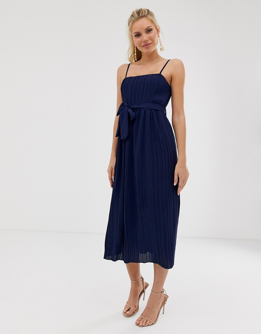 Girl In Mind pleated square neck midaxi strap dress-Navy