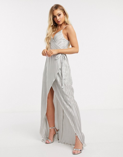 Girl In Mind pleated wrap maxi dress in silver