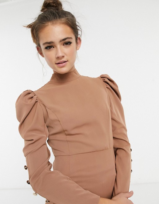 Girl In Mind puff sleeve button detail top in camel