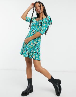 Girl In Mind puff sleeve square neck skater dress in green floral-Multi