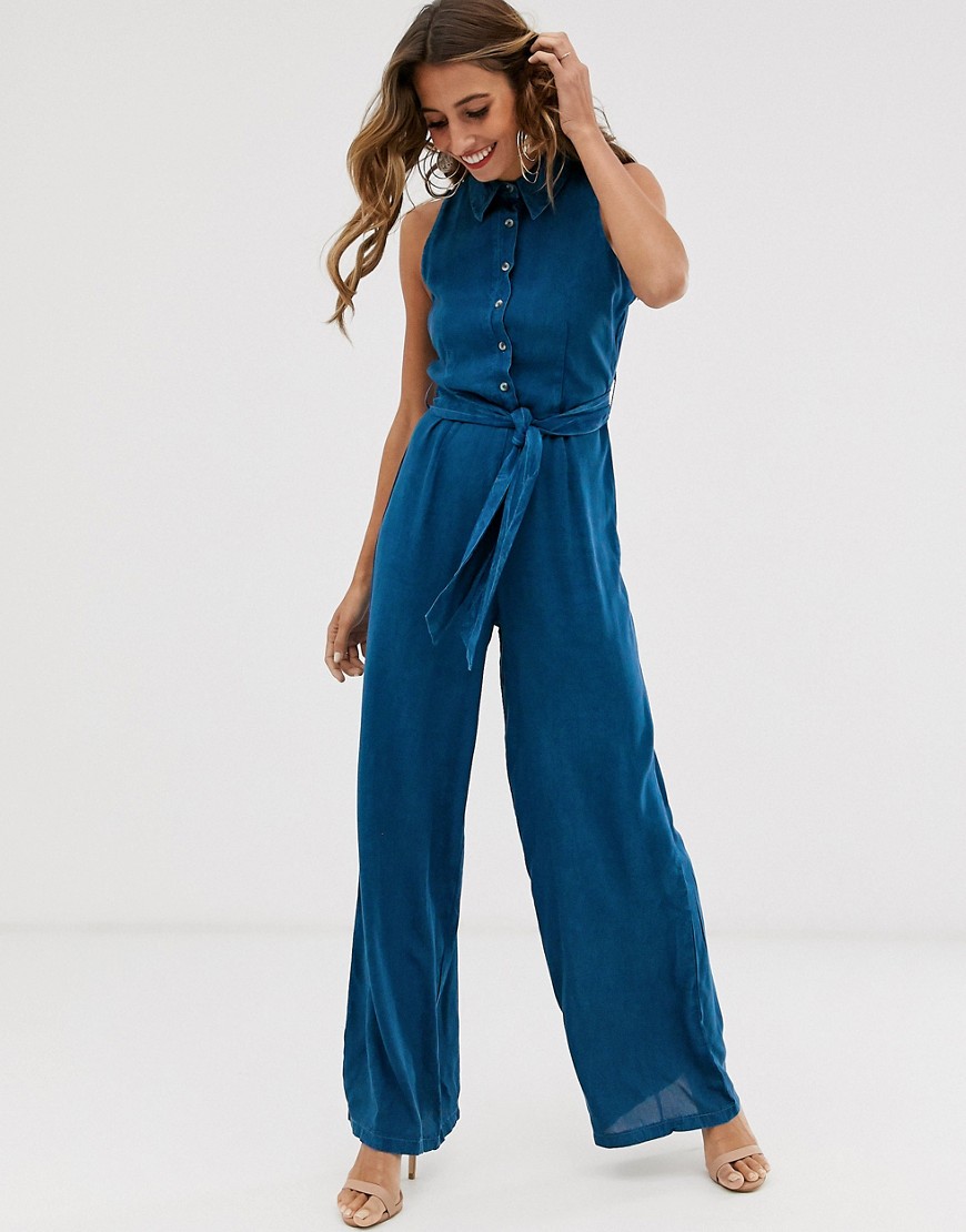 Girl In Mind - Ærmeløs denim-jumpsuit med knapper og bindebånd i taljen-Blå
