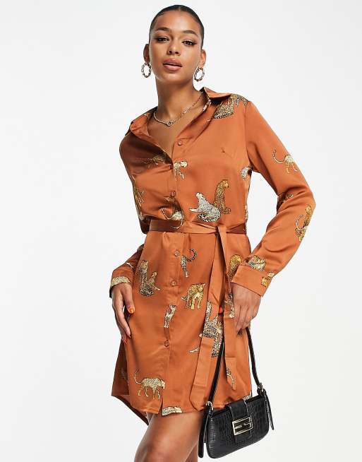 Girl In Mind - Rustfarvet skjortekjole med leopardprint