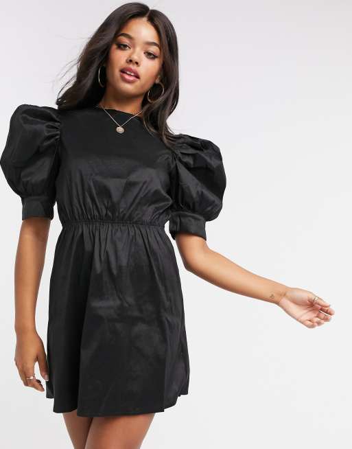 Girl In Mind sateen puff sleeve mini shift dress in black