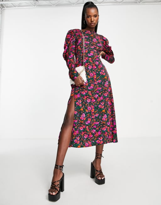 Girl In Mind - Vestito midi viola a fiori con maniche lunghe a sbuffo e spacco sulla gamba