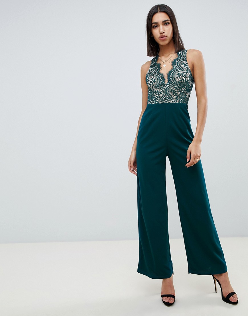 Girl In Mind wide leg jumpsuit with lace detail-Green