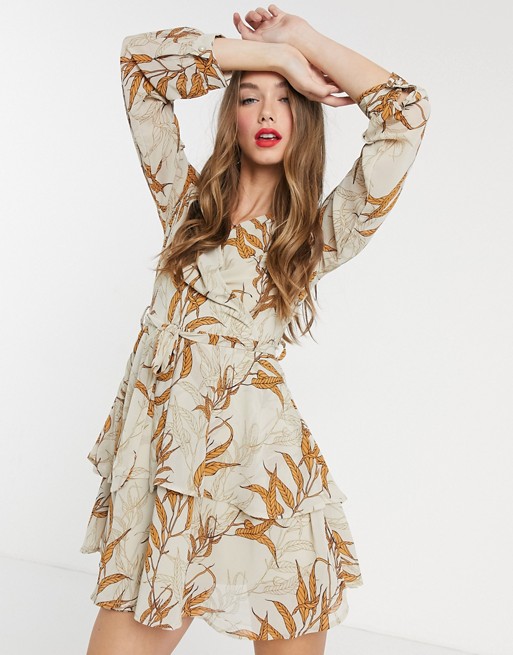 Girl In Mind wrap front tiered skater dress in tan leaf print