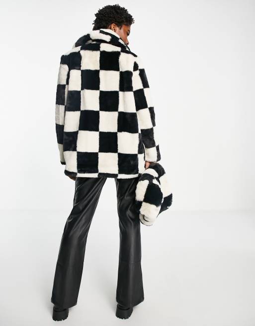 Girlfriend Material coat in checkerboard faux fur