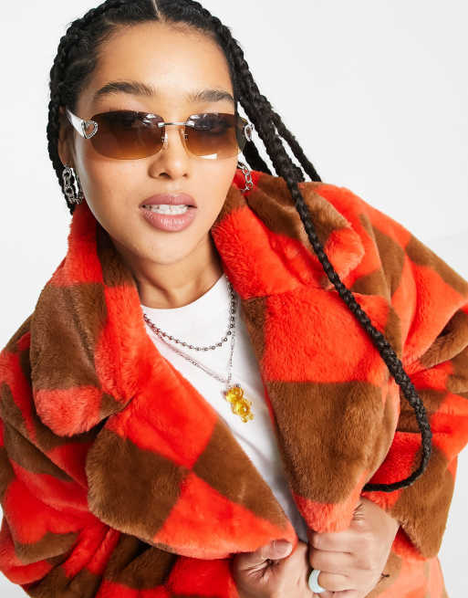 Girlfriend Material Curve faux fur checkerboard longline coat in tangerine and tan, 3 of 4