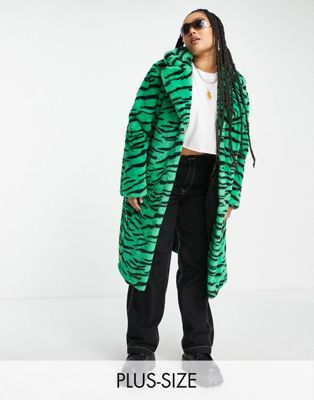 Girlfriend Material Curve faux fur tiger print longline coat in jade green