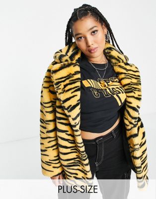 Girlfriend Material Curve faux fur tiger print short coat in mustard