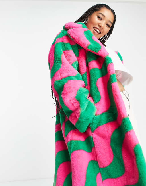 Girlfriend Material faux fur wave print longline coat in pink and green