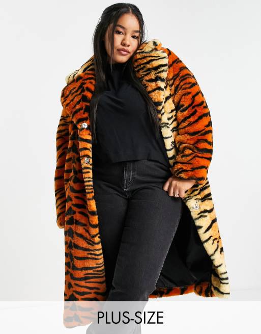 Girlfriend Material Curve - Manteau long en fausse fourrure à imprimé tigré