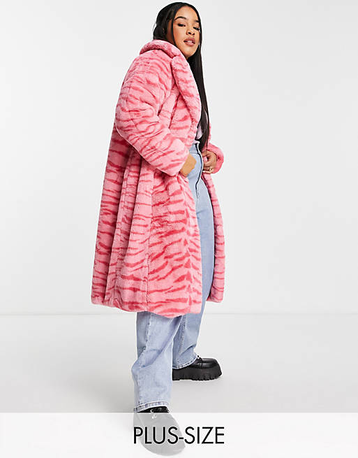 Girlfriend Material Curve maxi coat in pink tiger faux fur