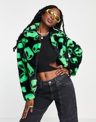 Girlfriend Material faux fur rave print short jacket in black and green - ASOS Price Checker