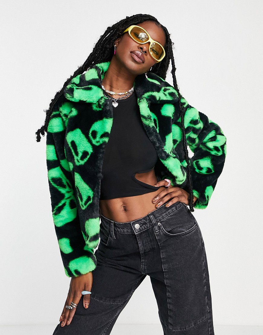 Girlfriend Material faux fur rave print short jacket in black and green