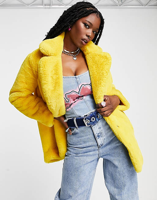 Girlfriend Material faux fur short coat in canary yellow | ASOS