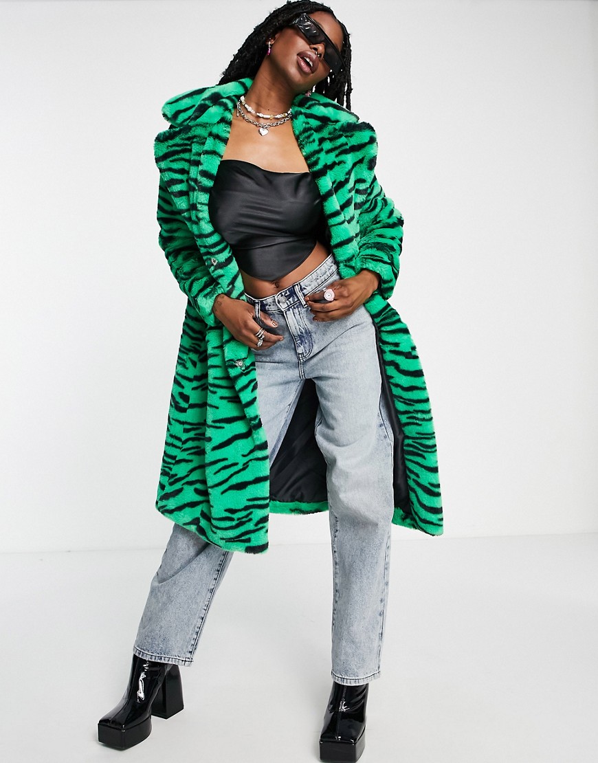 Girlfriend Material faux fur tiger print longline coat in jade green