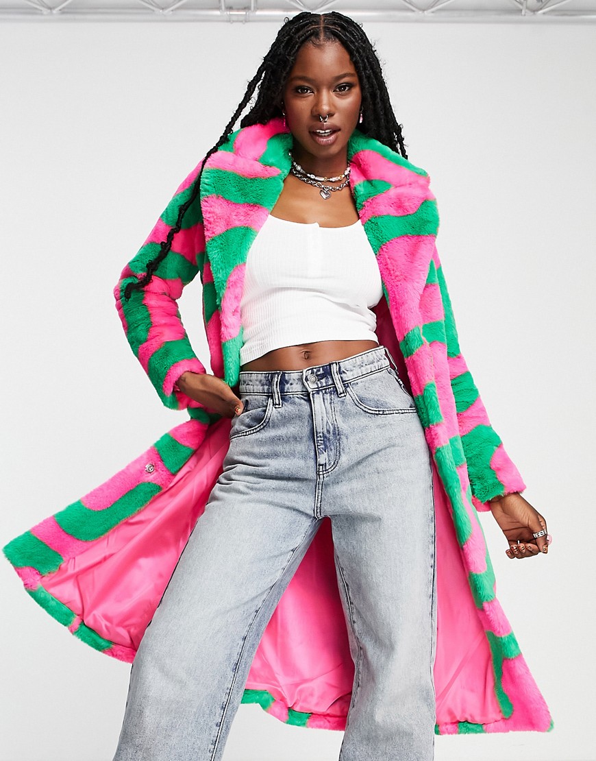 Girlfriend Material faux fur wave print longline coat in pink and green-Multi