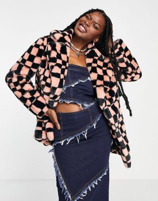Girlfriend Material faux fur wavy checkerboard print short coat in peach and black - ASOS Price Checker