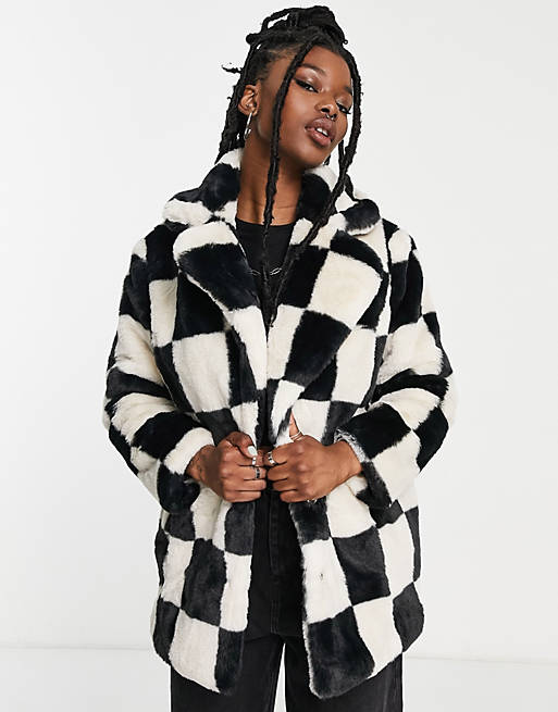 Girlfriend Material Hendrix checkerboard print faux fur jacket in multi