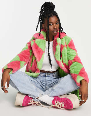 Girlfriend Material Hendrix diamond print faux fur jacket in multi - ASOS Price Checker