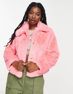 Girlfriend Material Jax short faux fur jacket in pink | ASOS