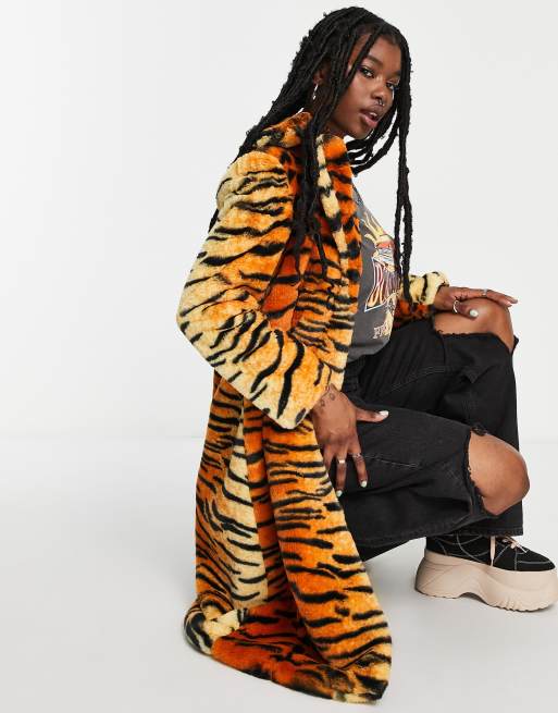 Girlfriend Material Kai tiger print faux fur coat in orange