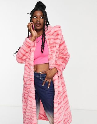 Girlfriend Material Kai tiger print faux fur jacket in pink - ASOS Price Checker