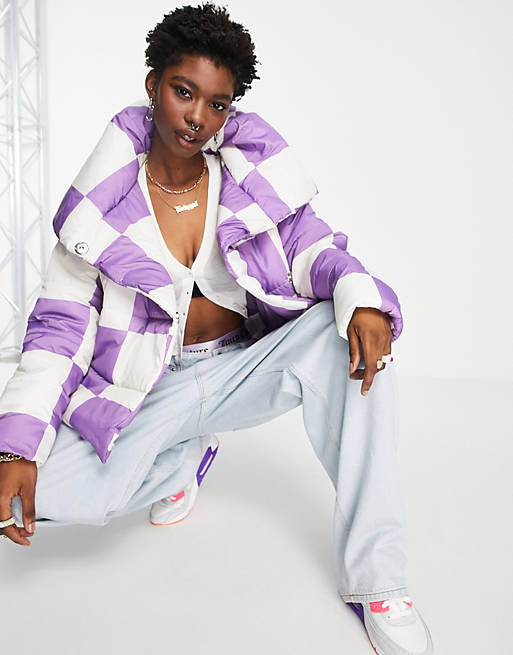 Girlfriend Material puffer jacket with cape collar in purple checkerboard