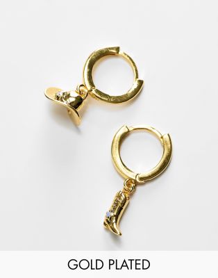 Girls Crew Cowboy 18k gold plated hat and boot charm hoop earrings