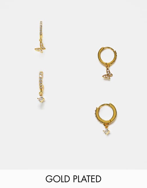 Girls Crew - Fly With Me - Orecchini a cerchio placcati in oro 18 ct con charms a farfalla