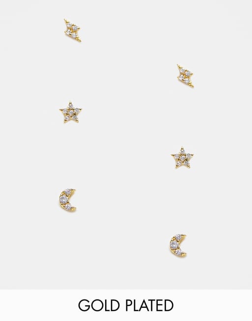 Girls Crew - Lot de 3 paires de puces d'oreilles thème galaxie en plaqué or 18 carats