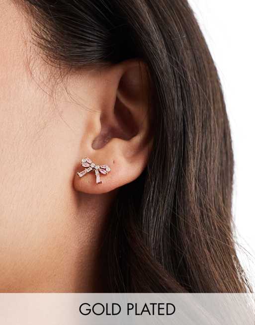 Girls Crew - Orecchini a bottone con design a forma di fiocco placcati oro 18 k con zirconia cubica 