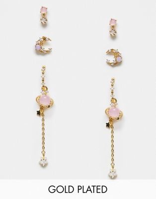 Girls Crew Pink Juniper 18k gold plated moon stud and drop earrings - ASOS Price Checker