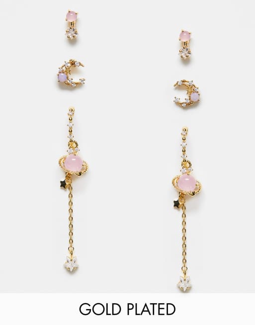 Girls Crew - Pink Juniper - Boucles d'oreilles et clous en forme de lune en plaqué or 18 carats