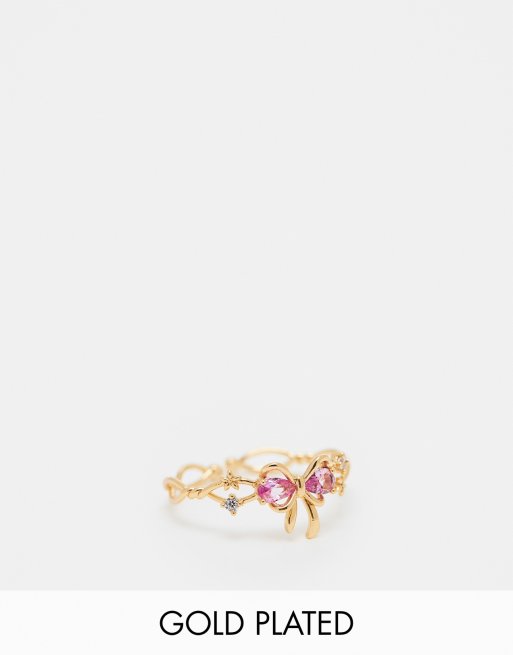 Girls Crew - Pretty In Pink - Justerbar ring med lyserød sløjfedetalje og 18 k guldbelægning  