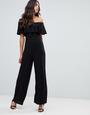 Girls on Film bardot frill metallic jumpsuit-Black