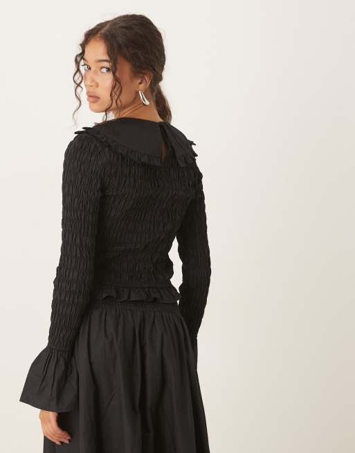 Glamoreus - Aangerimpelde top met lange mouwen in zwart, deel van co-ord set, 3 van 4