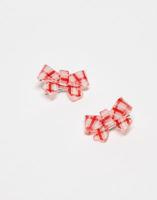 Glamorous - 2er-Pack kleine Schleifen-Haarspangen in Rot mit Vichy-Karo