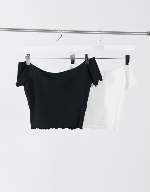 Glamorous 2er Pack Kurze Schulterfreie Oberteile Mit Gekrauseltem Saum In Schwarz Und Weiss Asos