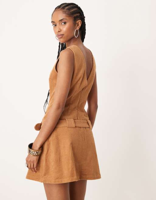 Glamorous 70s boho a-line cord dress in brown