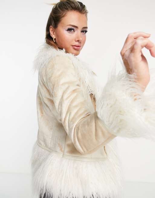 Glamorous 70s faux suede jacket with fluffy trim in cream ASOS