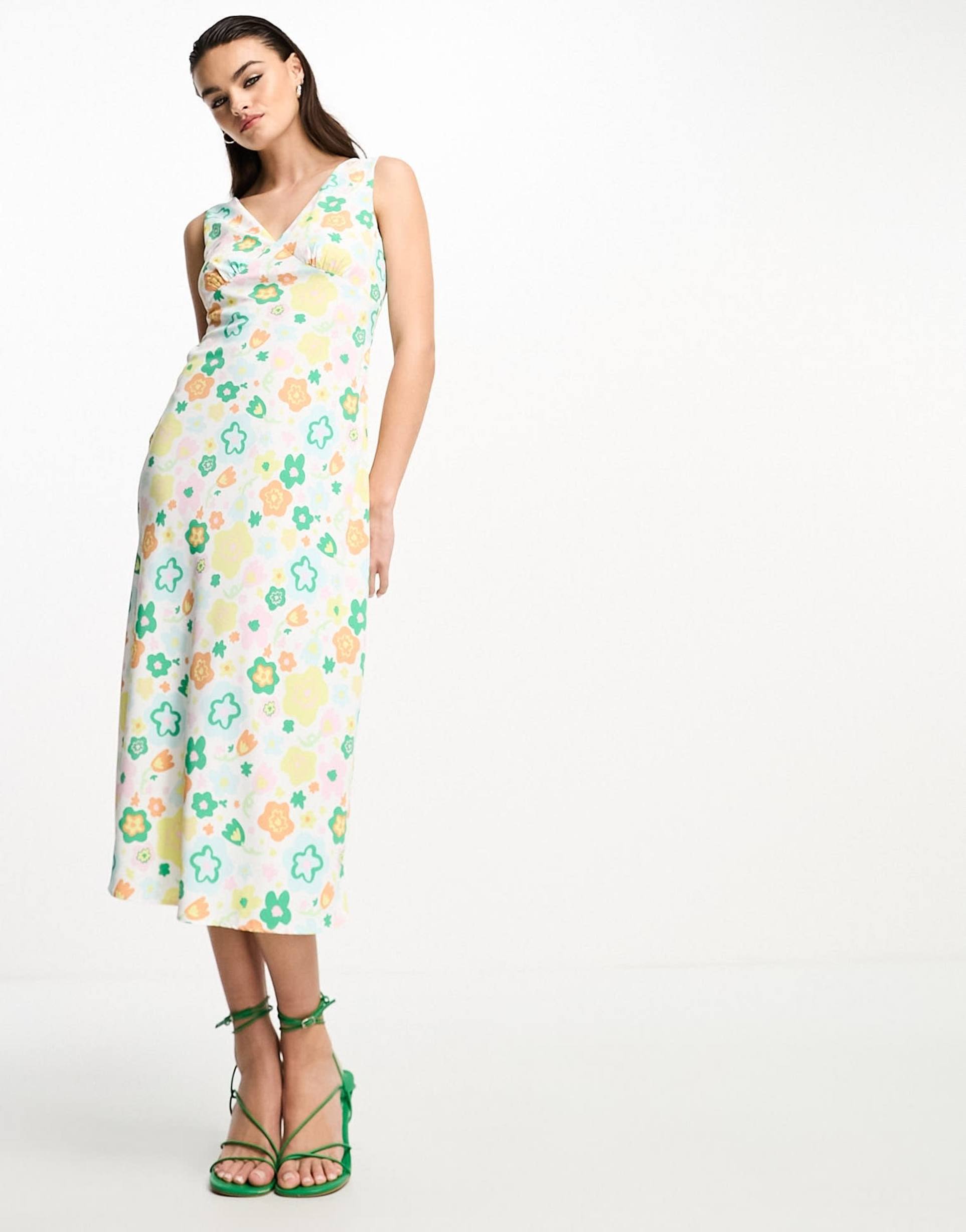 glamorous 90s midi shift dress in retro spring floral