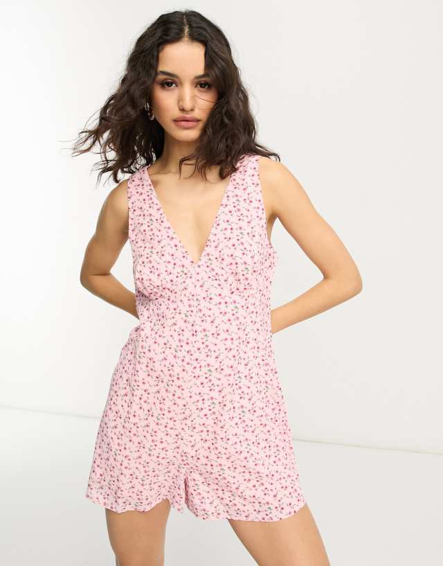 Glamorous - 90s v neck playsuit in pink spring floral